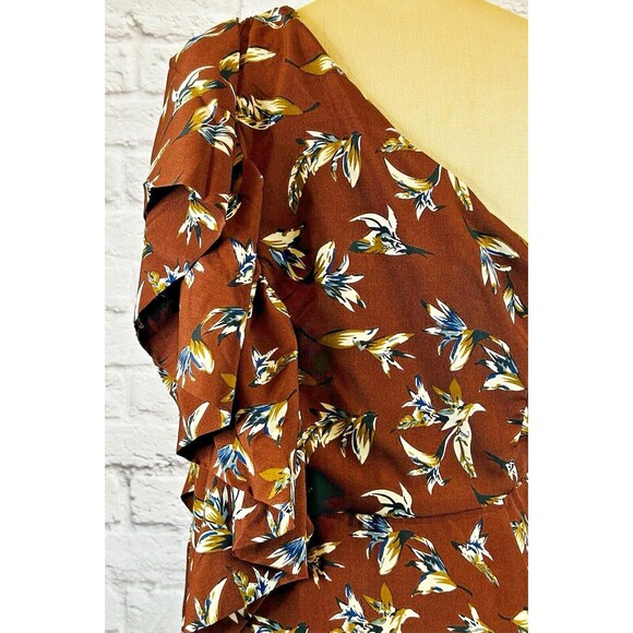 Soncy Dress Size 12 One‎ Shoulder Asymmetrical Fitted Ruffle Floral Brown NWT - Picture 4 of 13